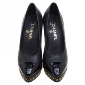 Black Leather Cc Cap Toe Chain Platform Size 36.5 Pumps